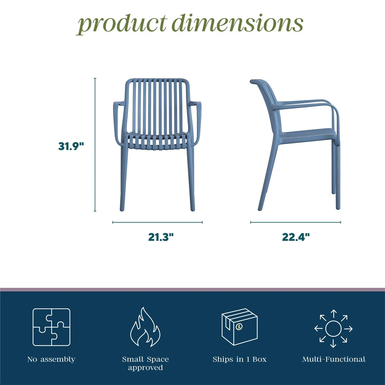 Graphic titled why you'll love this showing two blue chairs with annotations pointing to durable weather resistant resin, arm support, stackable design.