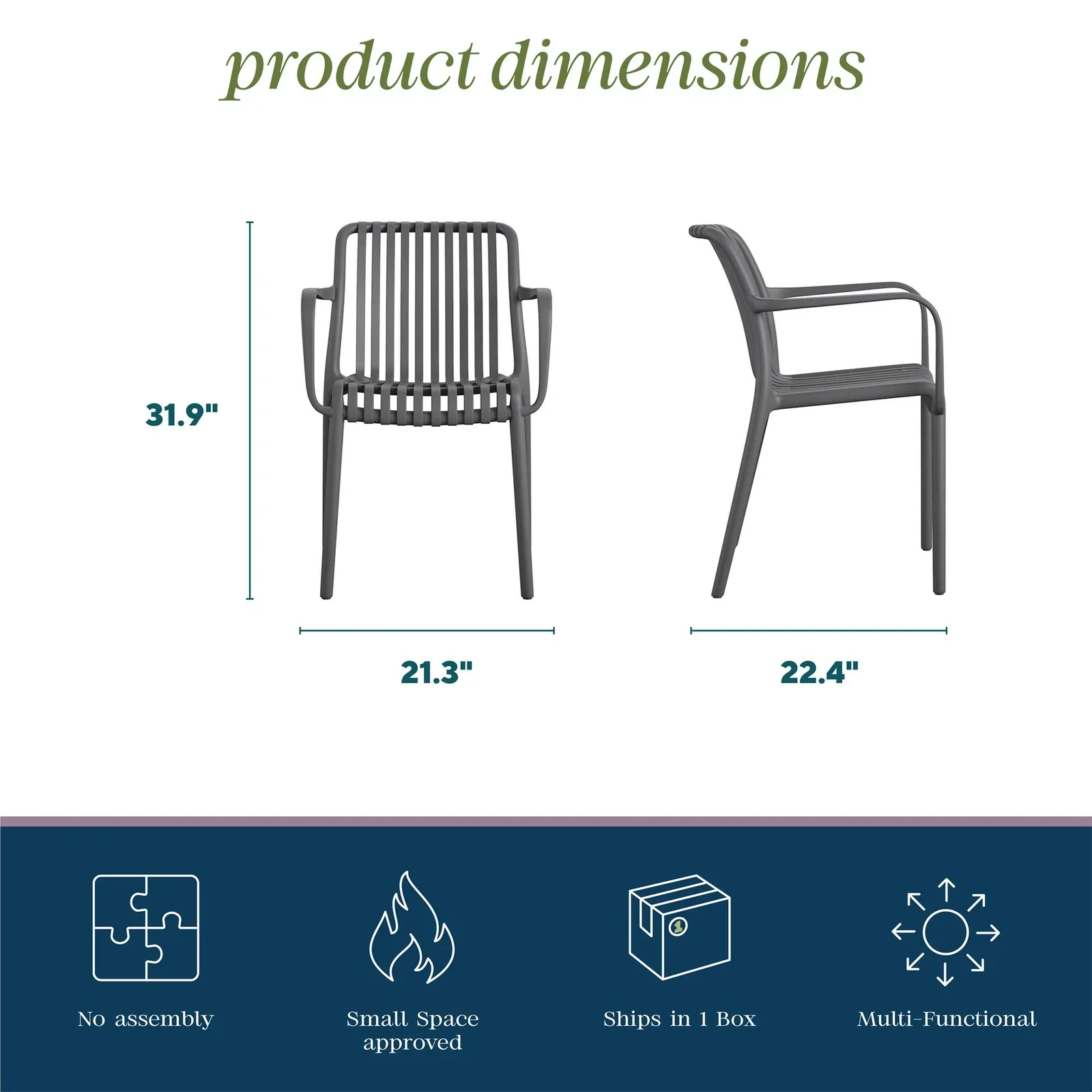 Graphic titled product dimensions showing chair dimensions 31.9 inches height, 21.3 inches width, and 22.4 inches depth with two chairs side by side.