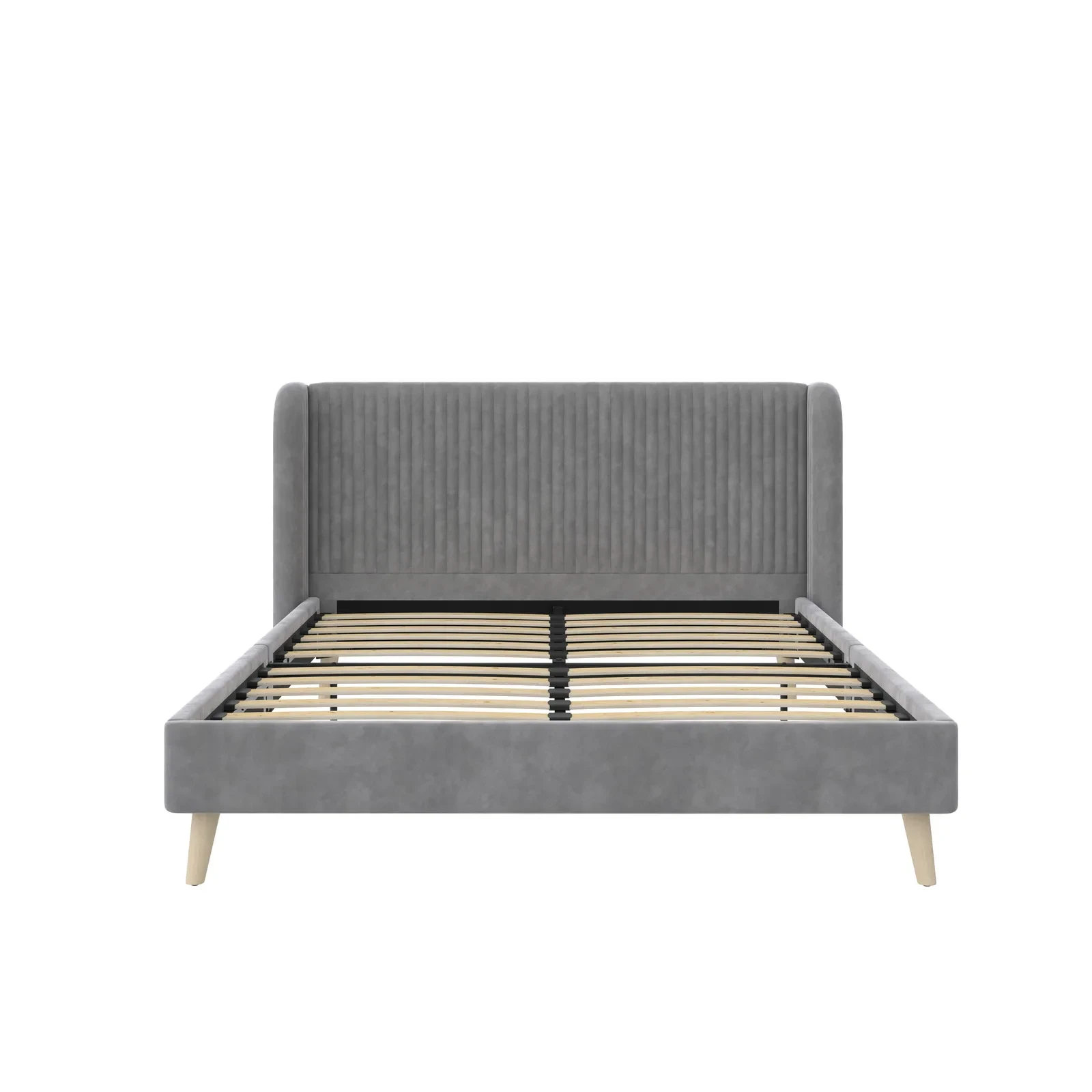 Gray upholstered bed with slats visible
