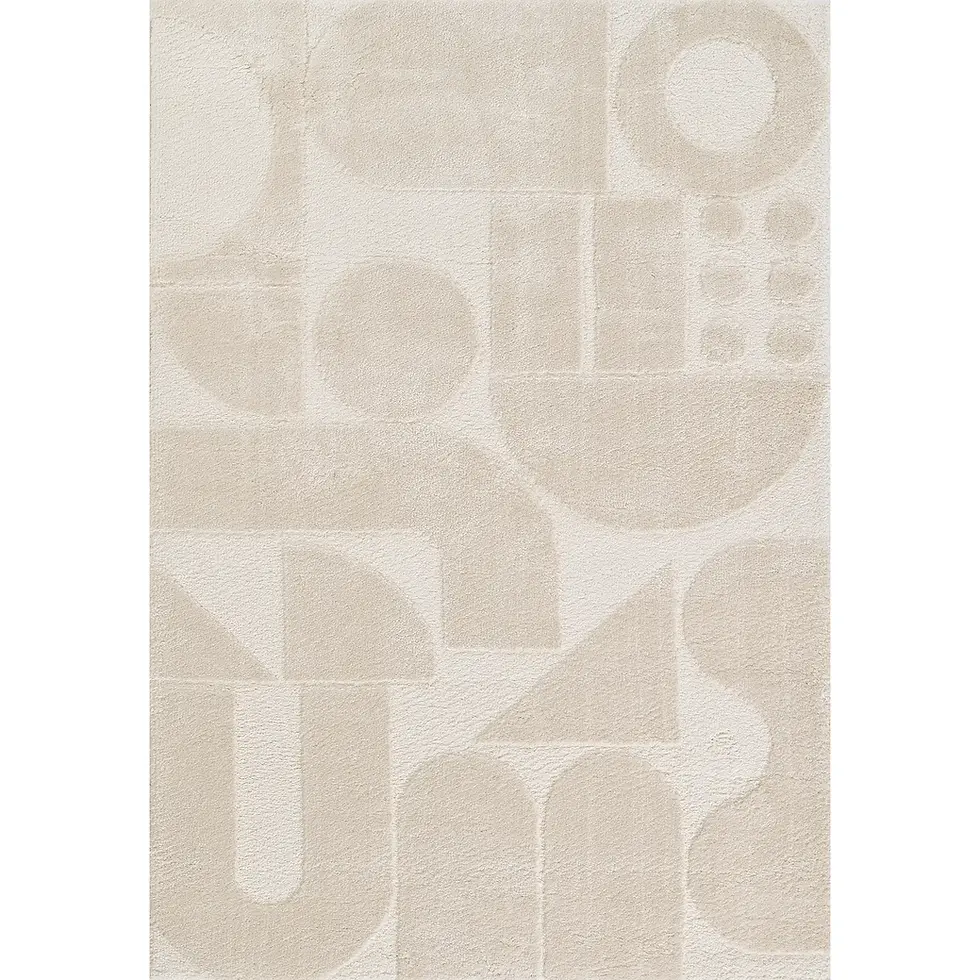 Modern low pile ivory area rug with a subtle raised abstract pattern featuring geometric shapes like circles, arches.