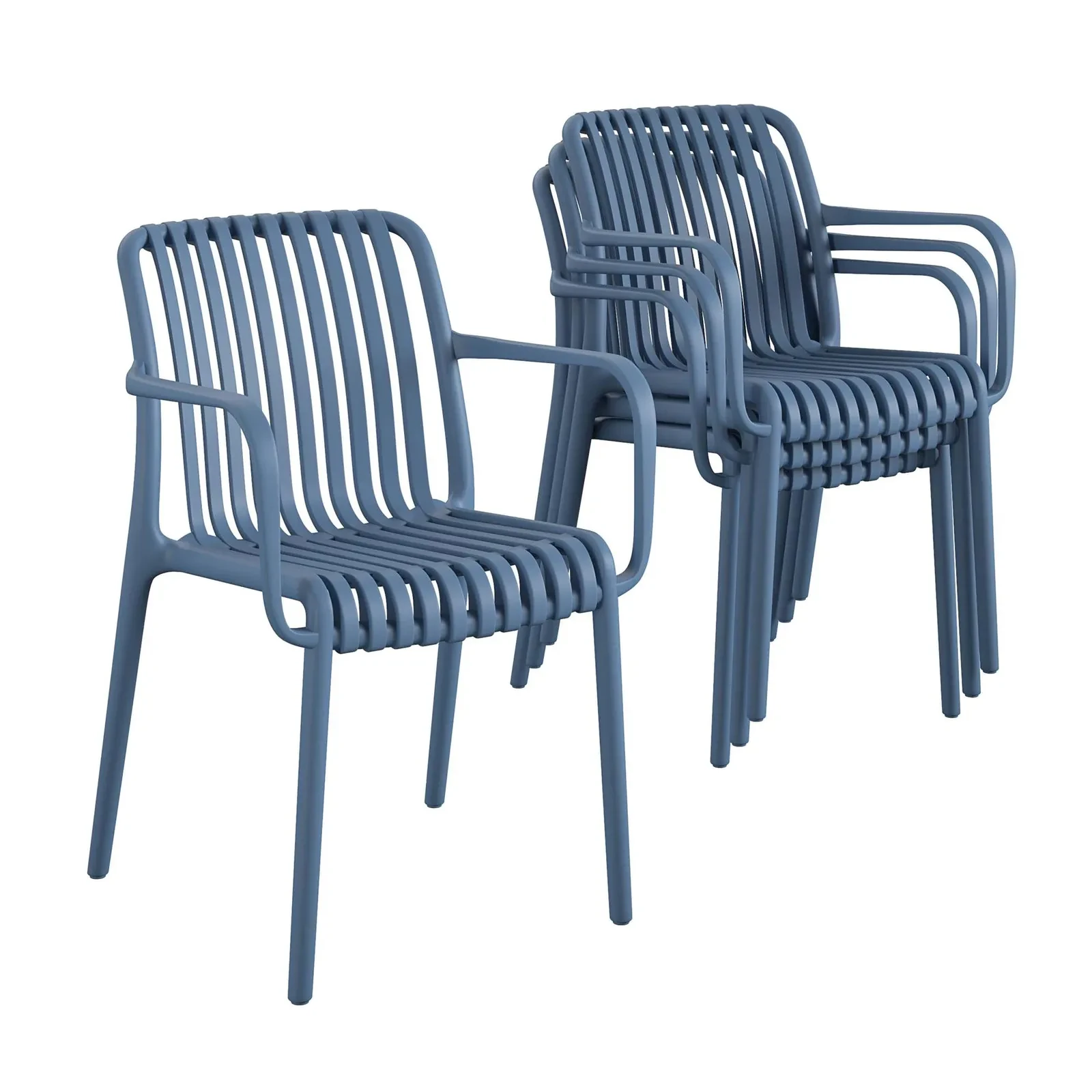 Group of stacked blue-gray chairs with slatted backs and arms, set of multiple chairs.