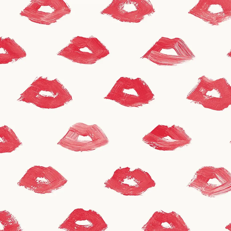 White wallpaper swatch with a playful pattern of red lips in various brushstroke styles, arranged in a loose grid layout.