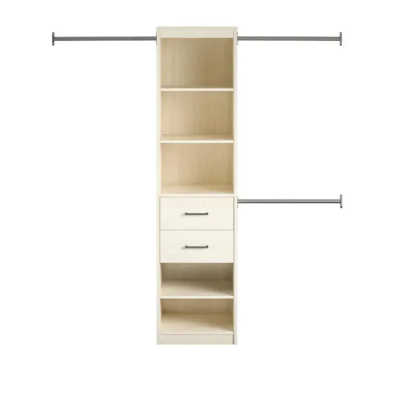 The Kelly 5 Shelf / 2 Drawer Closet Organizer is a wooden unit with three open shelves, two drawers with metal handles.