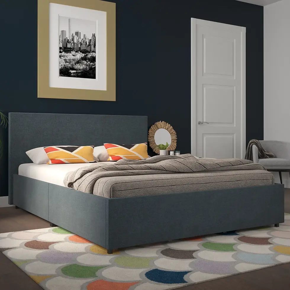 Angled room view of the navy blue bed showing its seamless upholstered frame and built-in storage functionality.