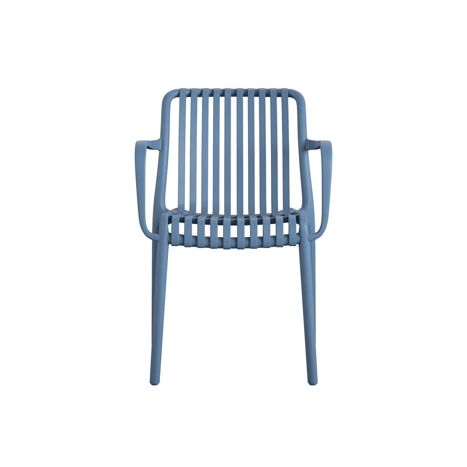 Blue plastic chair with vertical slats, isolated on white background.