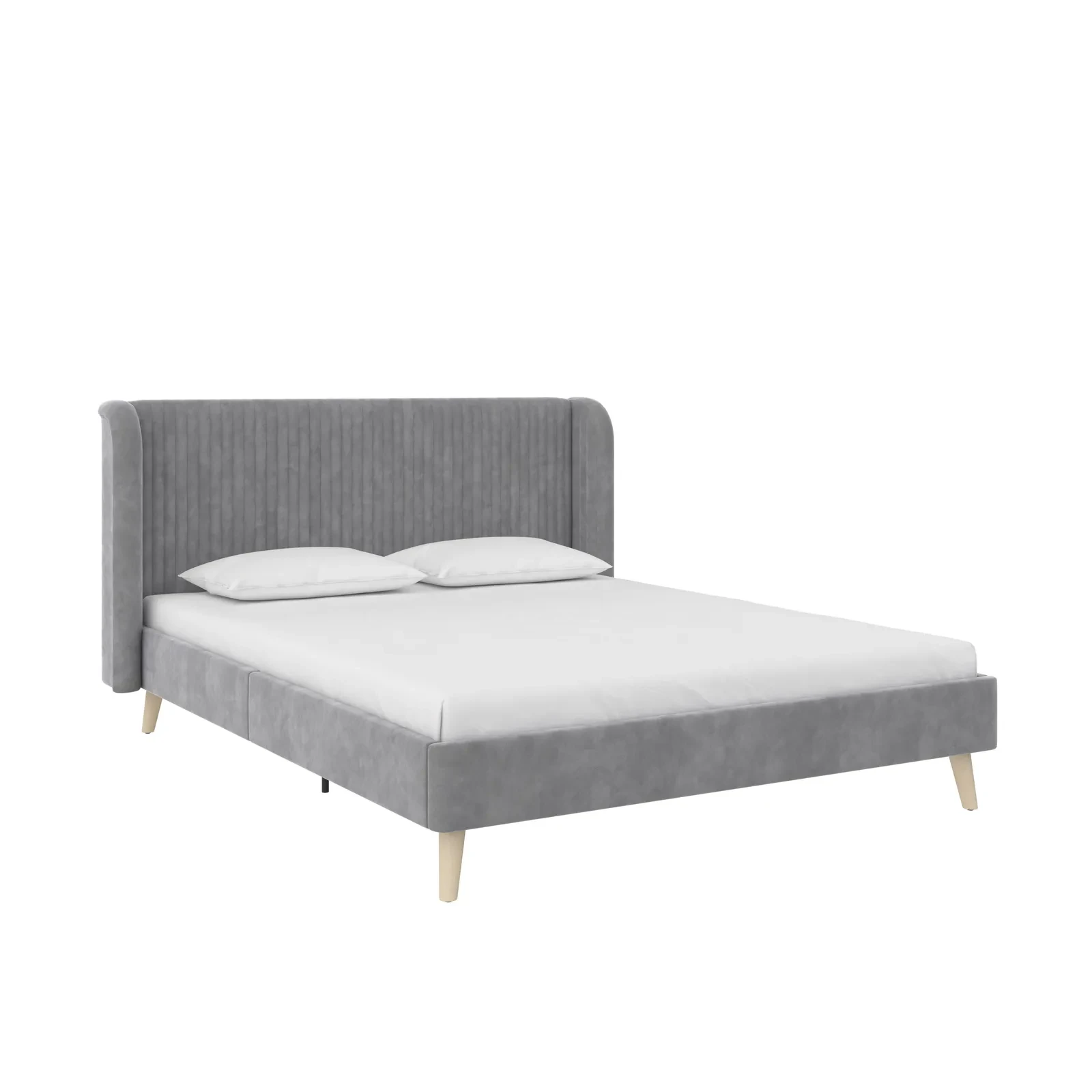 Gray upholstered bed with white bedding露