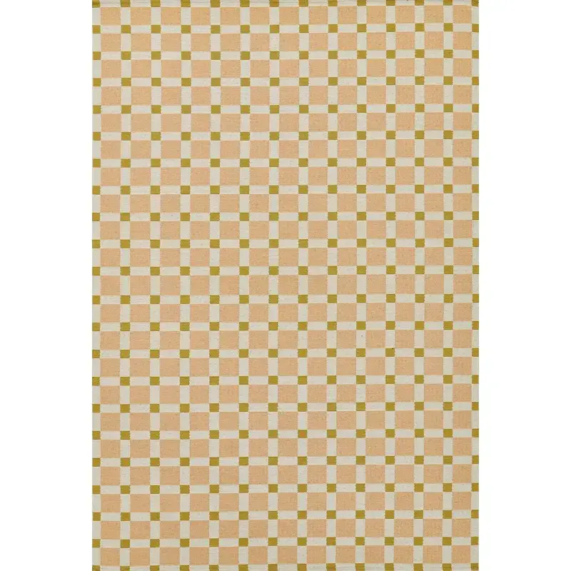 Rectangular area rug with a peach and white checkered pattern featuring olive green accent squares at the grid intersections.