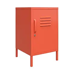 Standalone orange locker-style metal end table with one vented door, vertical handle, and key lock, shown on white backgroud.