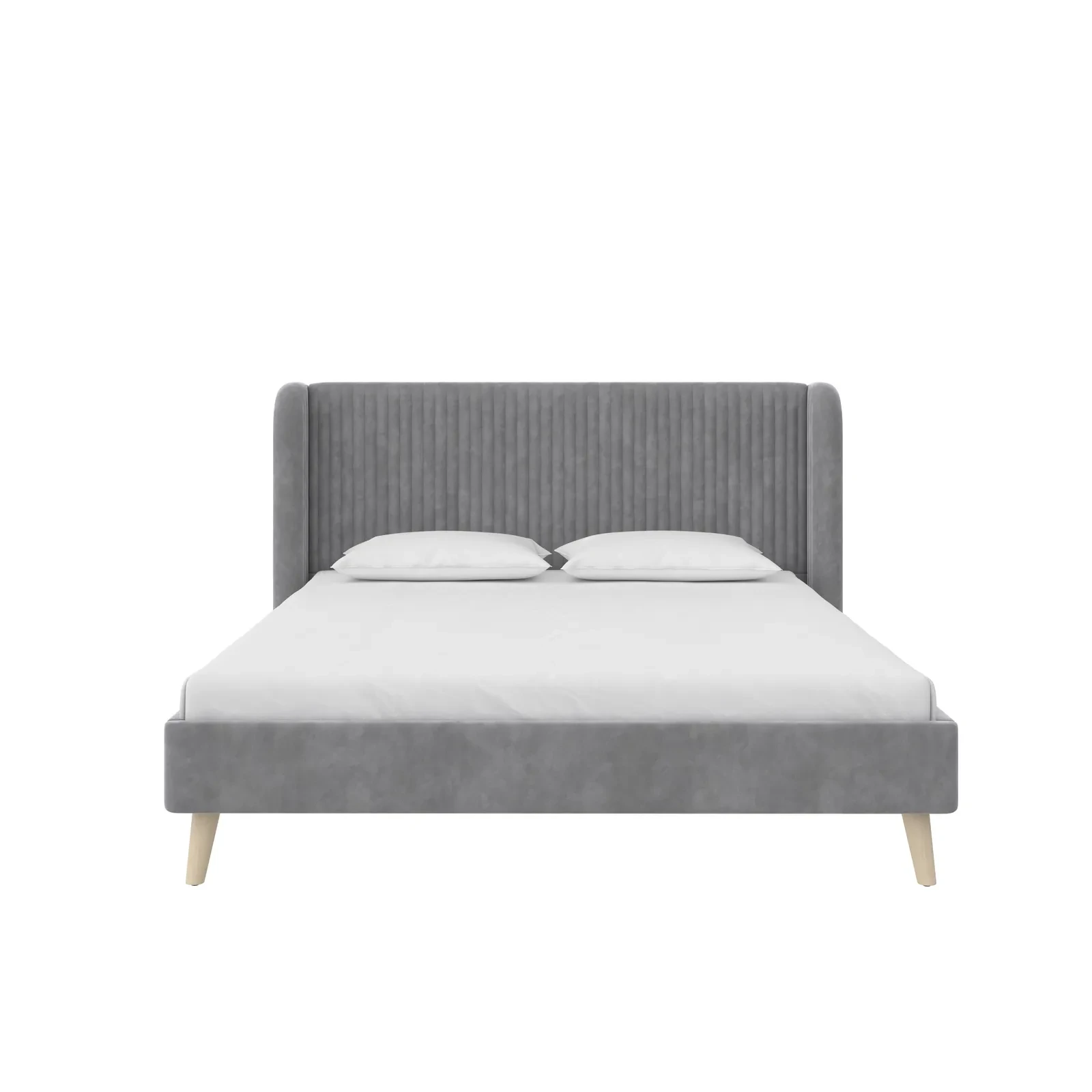 Gray upholstered bed with white linens