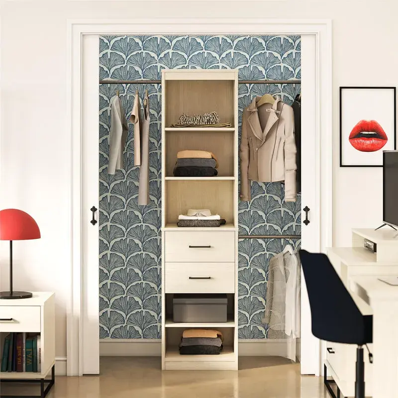A small open closet with blue patterned wallpaper highlights the Kelly 5 Shelf / 2 Drawer Closet Organizer.