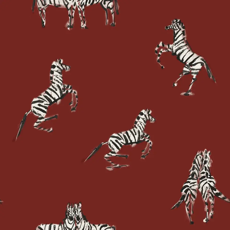 Red wallpaper swatch with a hand-drawn zebra motif in black and white, featuring zebras in playful and relaxed poses.