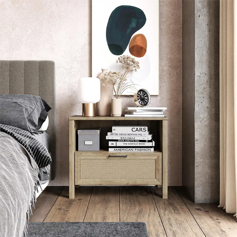Nightstand beside a bed with open upper shelf and lower drawer in a light oak finish with faux rattan front, styled with book