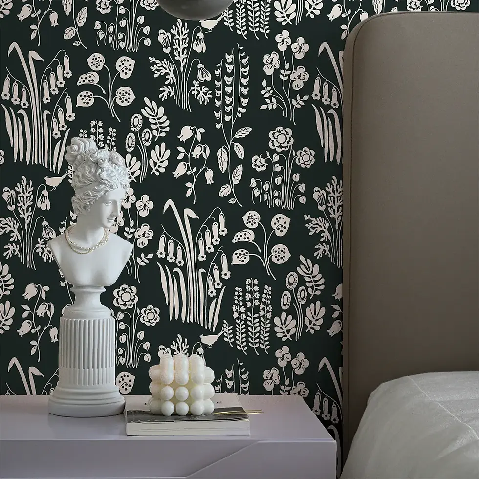 Bedroom with a soft beige upholstered headboard against wallpaper showcasing a black background filled.