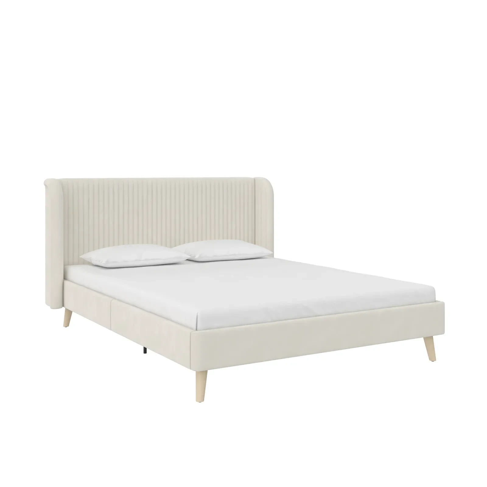 Beige upholstered bed frame with white bedding