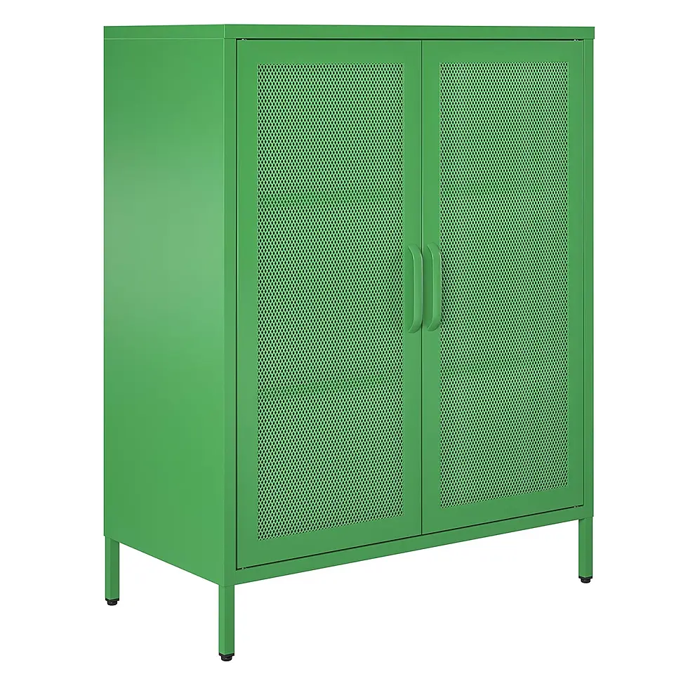 Green metal cabinet with dual mesh doors and curved handles, standing on slender legs, isolated on a white background.