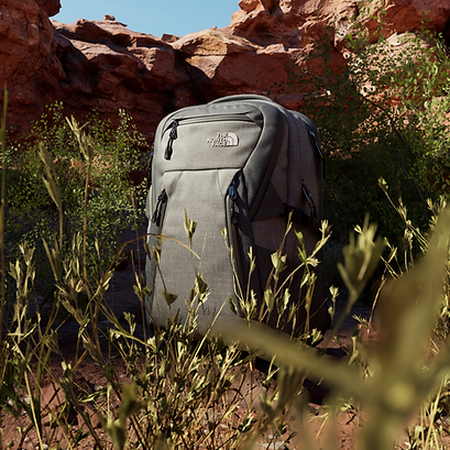 3D render of a backpack in a wilderness scene
