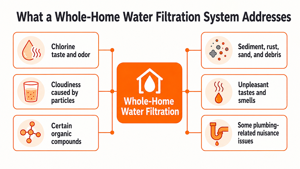 Infographic on what a whole-home water filtration system addresses: chlorine, cloudiness, organic compounds, sediment, odors, plumbing issues.