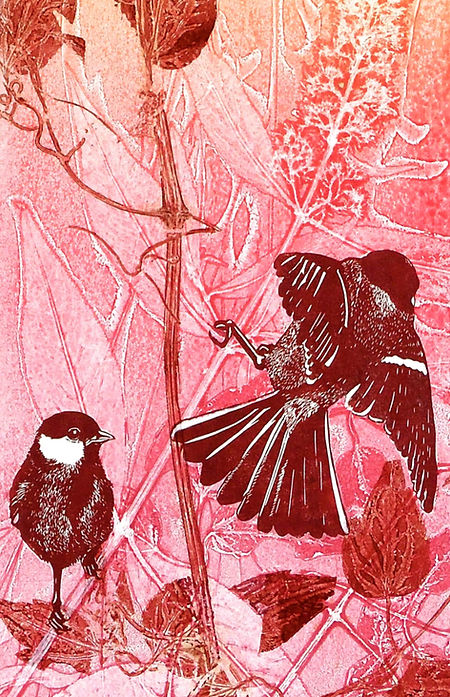 Combinación de monotipia y linotipia con pájaros