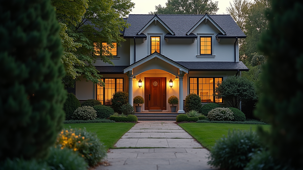 Eye-level view of a welcoming front yard with pathway and lighting