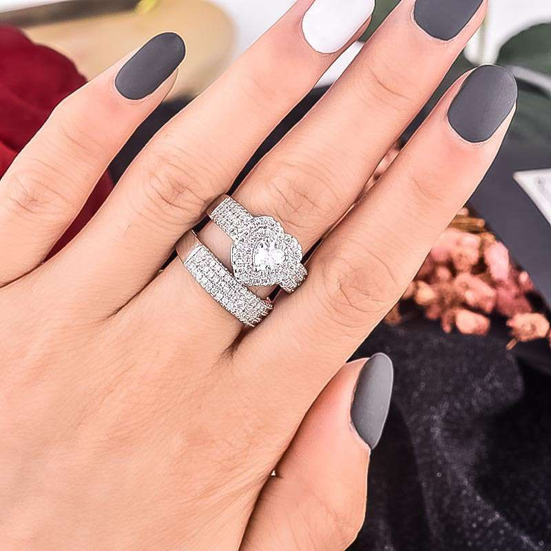 Thumbnail: 925 Love Heart Platinum Double Engagement & Wedding Ring
