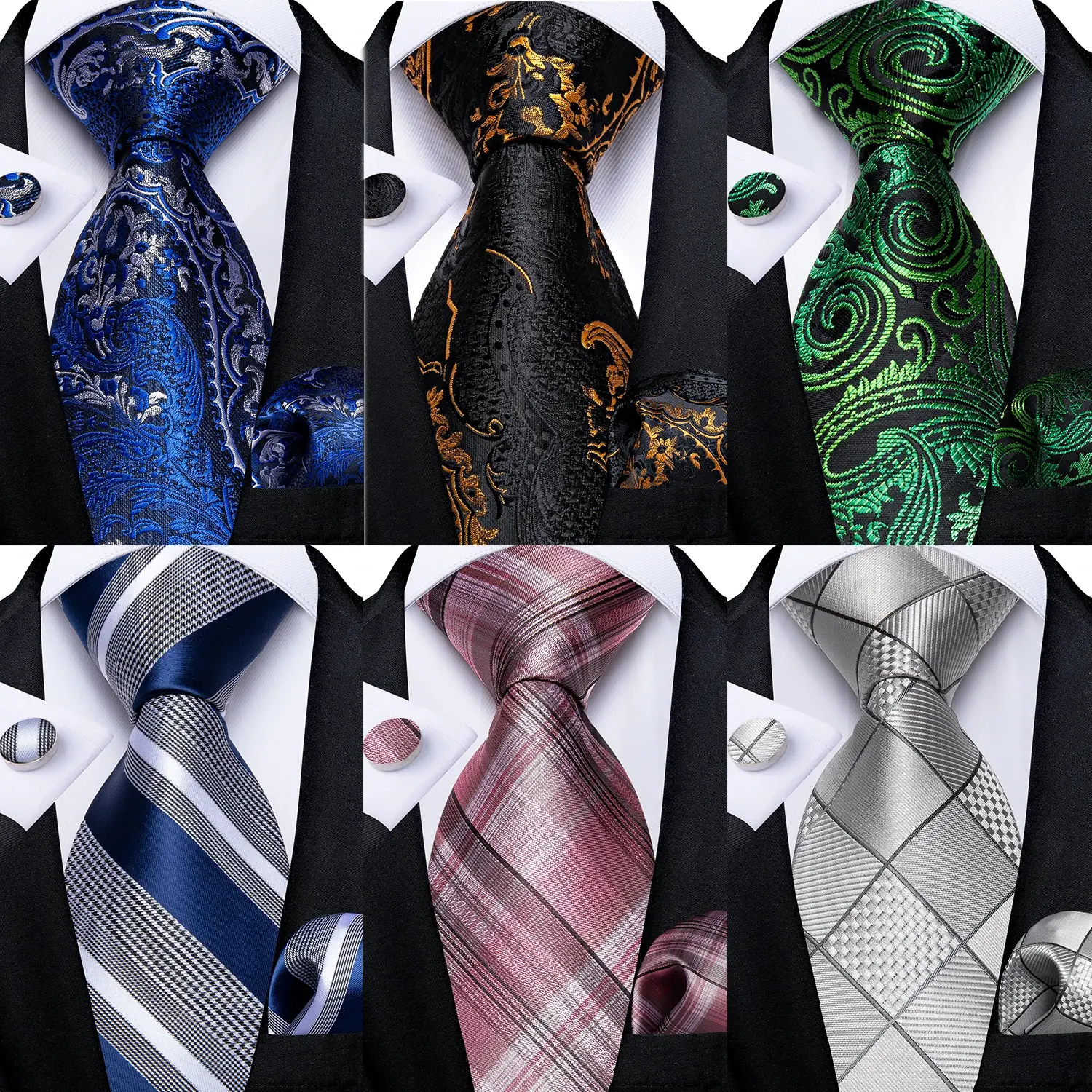 160cm Length Men's Tie Set Handkerchief Cufflinks Wedding Party Accessories Neck