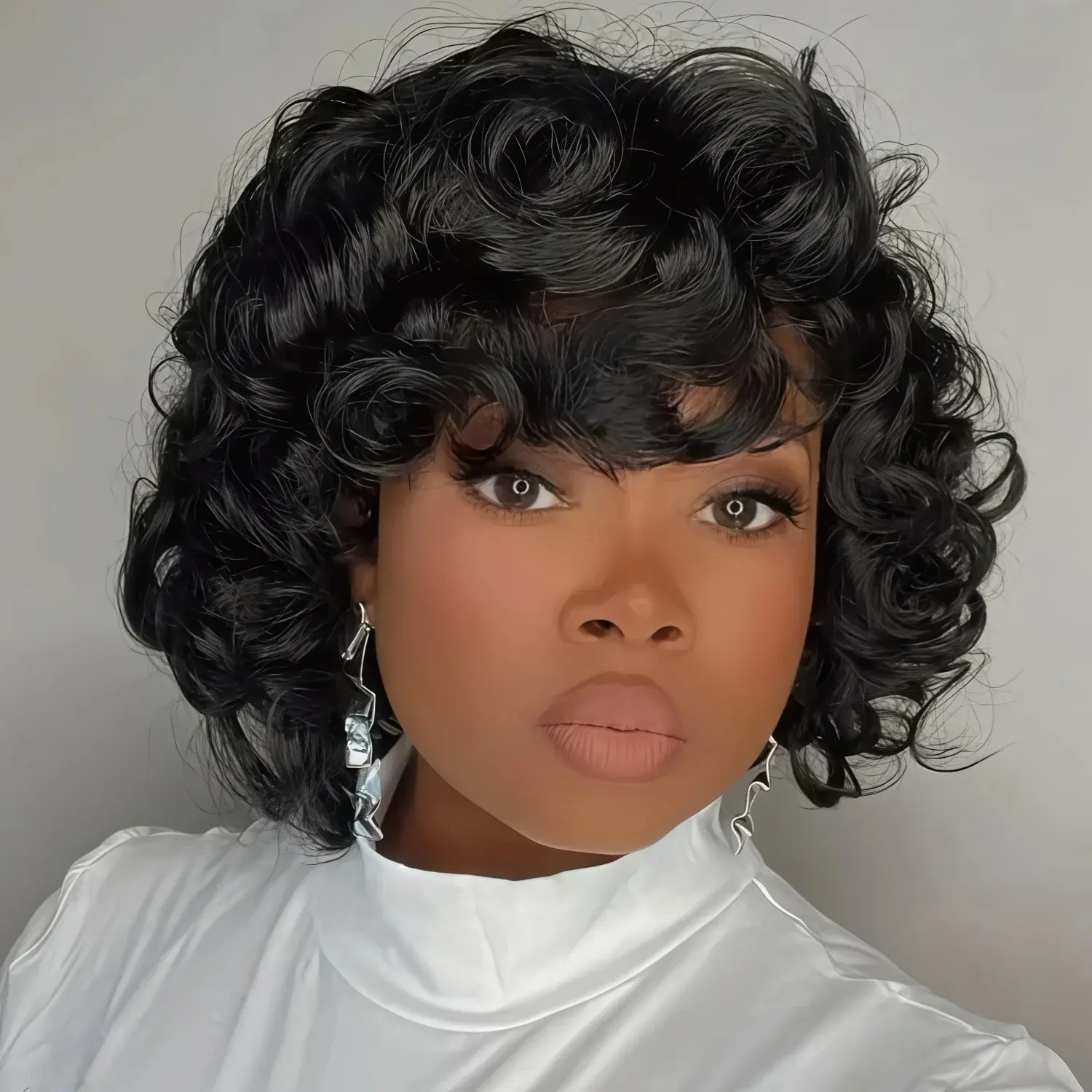 Fashionable Fluffy Curly Hair, Natural Color, Short Hair With Bangs, No Need for