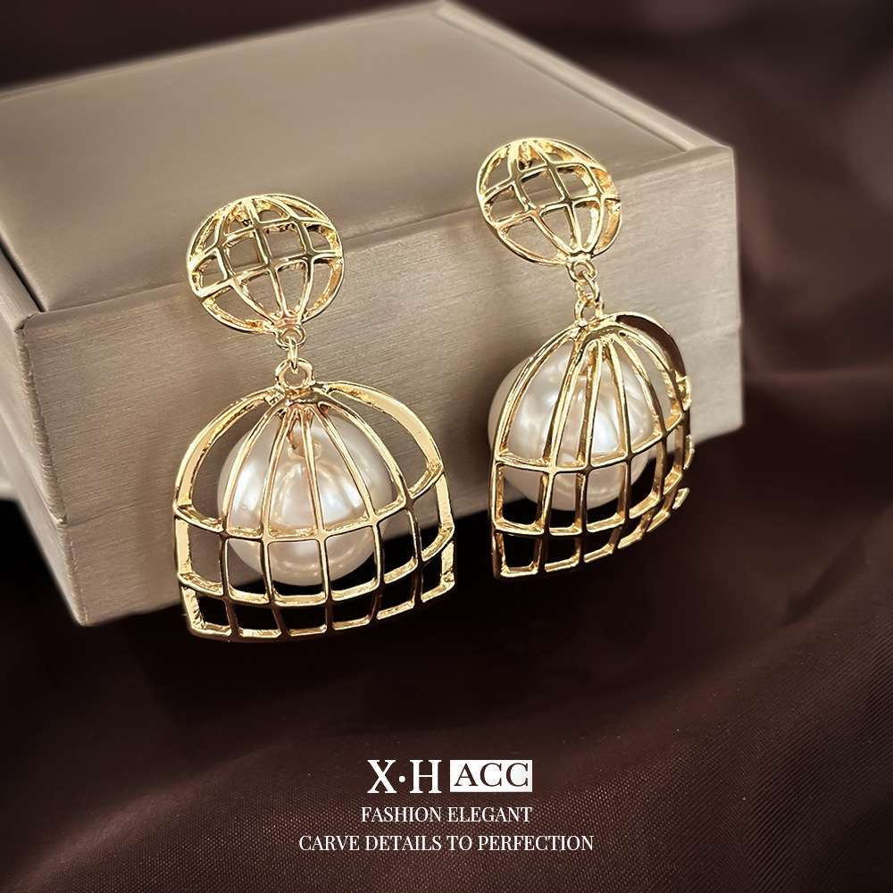 Luxury Pearl in Golden Basket Dangle Earrings
