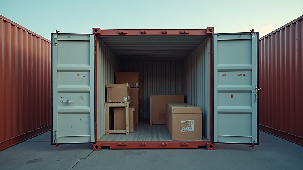 Eye-level view of a neatly placed shipping container with open doors showing organized storage inside