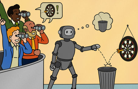 A robot darts at a trash can, but accidentally hits a bullseye instead. People cheer for the bullseye.