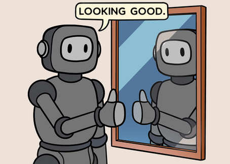 A robot looking in the mirror, giving itself the thumbs up, and saying "looking good".