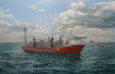 Teekay Petrojarl Knarr in operation, North Sea, Britsh Gas. Painting by Robert G Lloyd, England