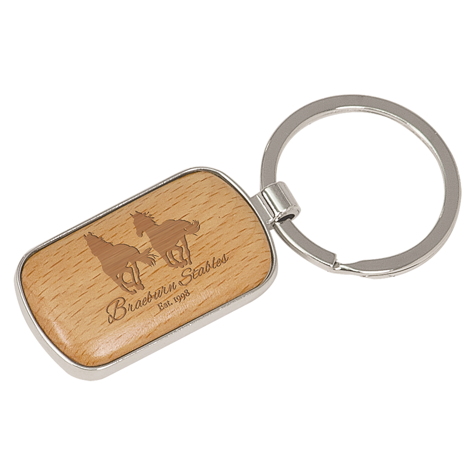 1" x 1 3/4" Rounded Corner Rectangle Keychain - Beechwood and Silver Z