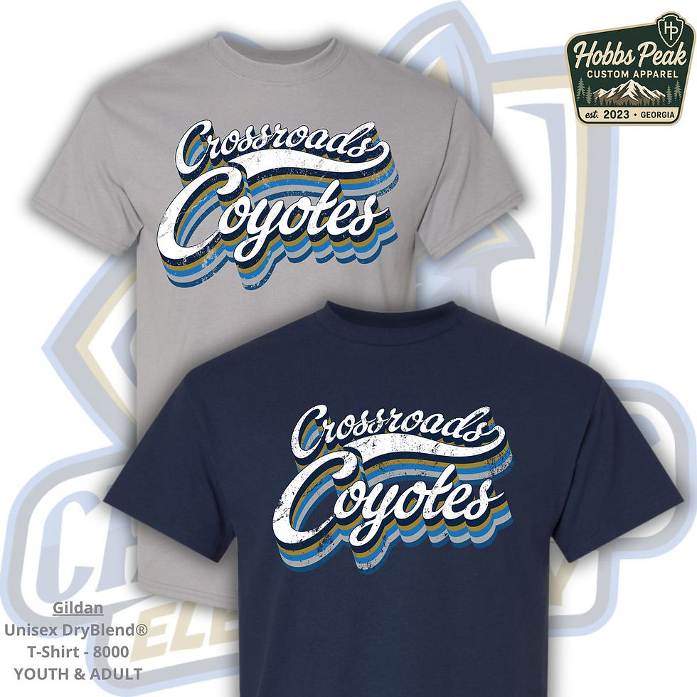 Crossroads Coyotes retro script spirit tee, Gildan DryBlend, in Sport Grey and Navy