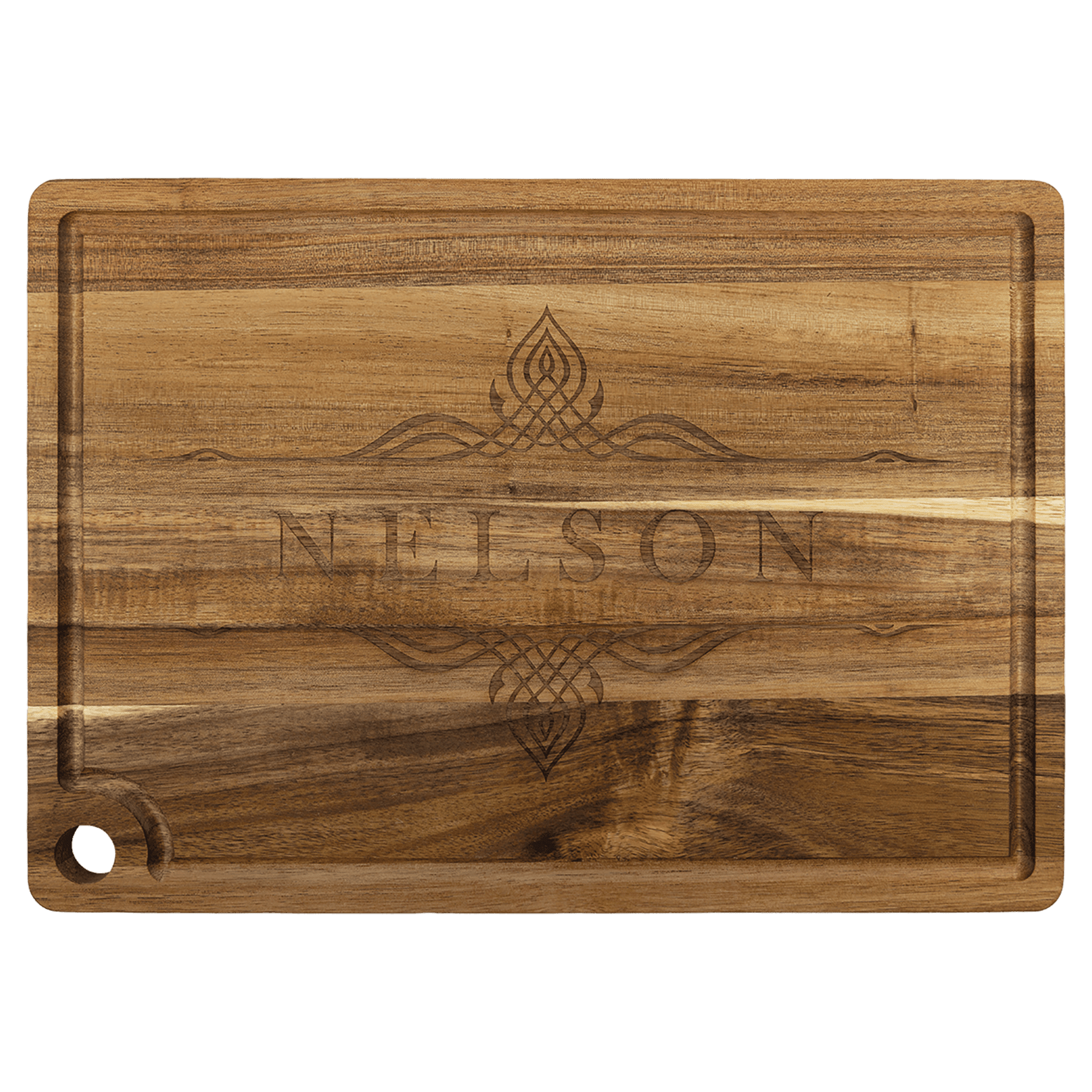 Engraved Acacia Cutting Board with Drip Ring and Hang Hole – 13 3/4" x 9 3/4"