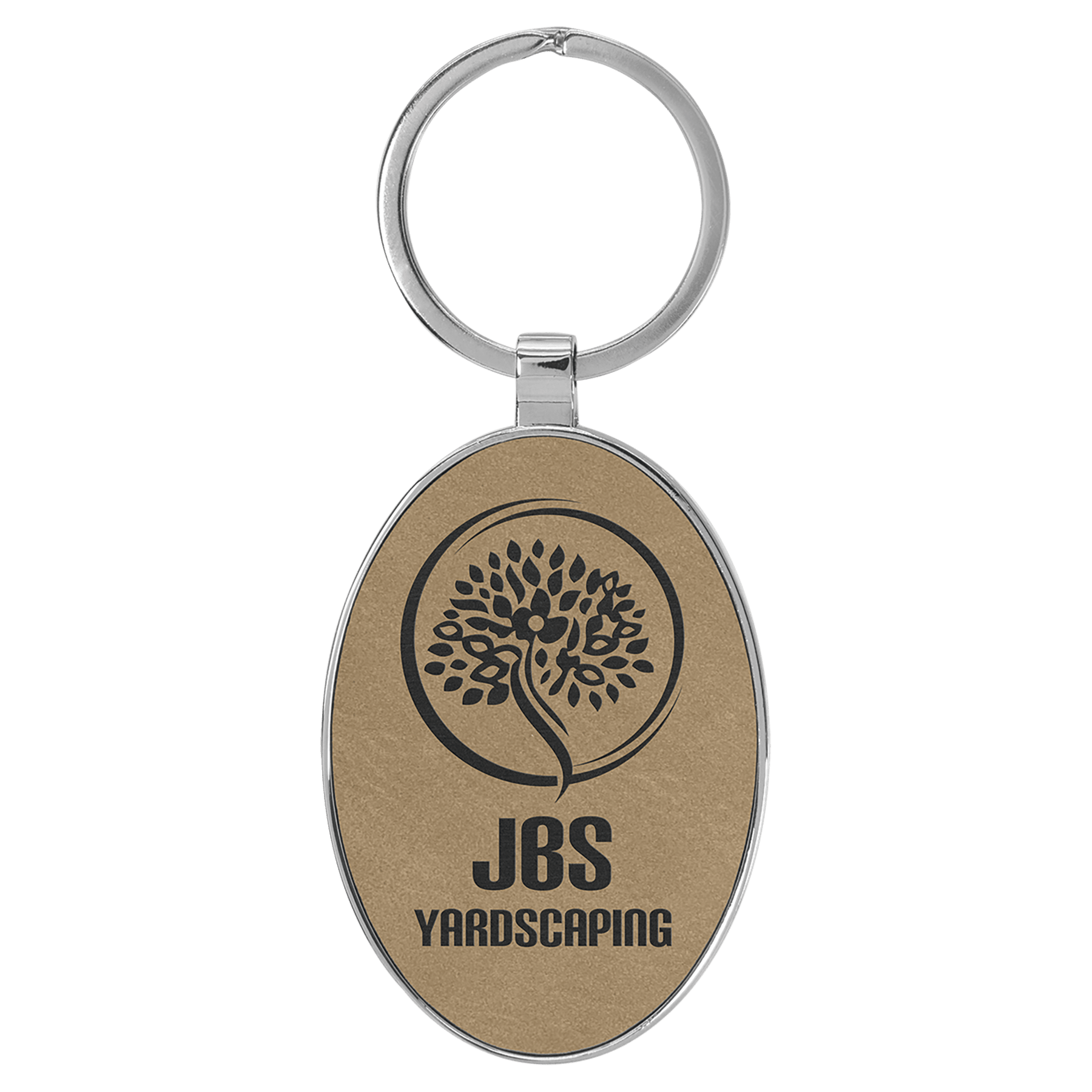 Engraved Leatherette & Metal Oval Keychain - Light Brown
