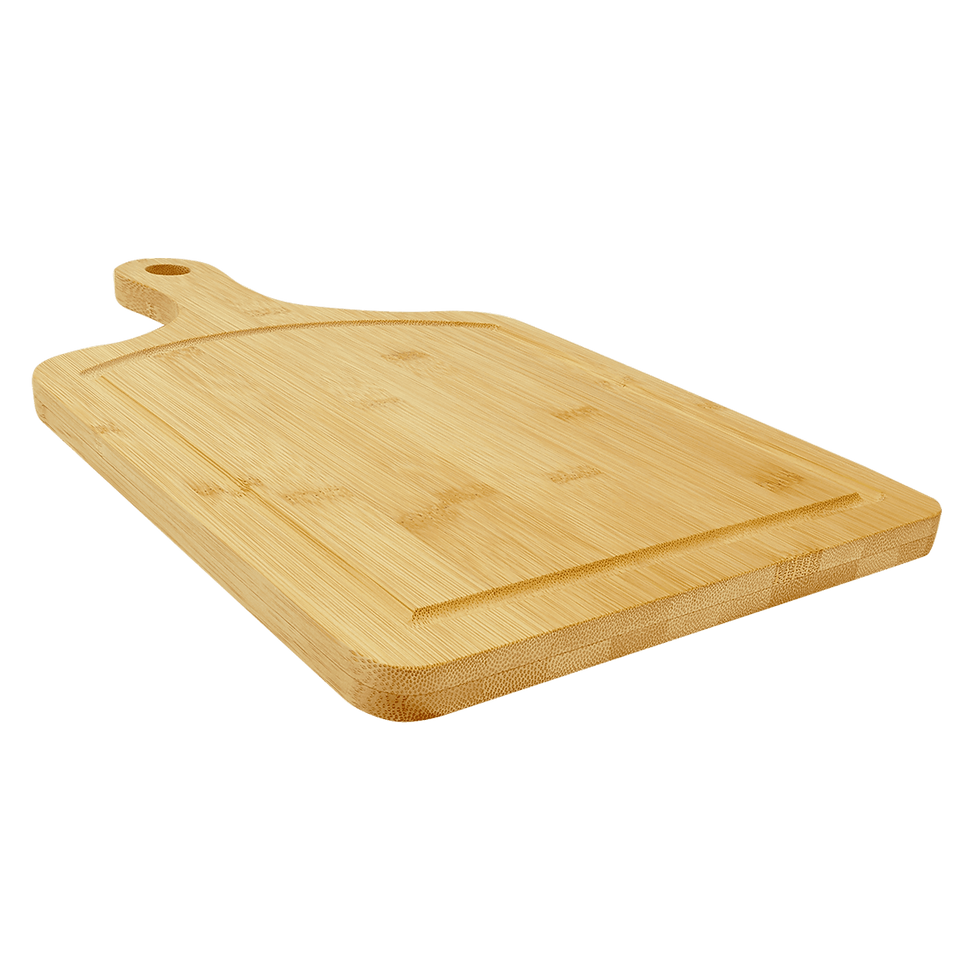Thumbnail: Engraved Bamboo Cutting Board Paddle Shape with Drip Ring – 15 1/2" x 9"