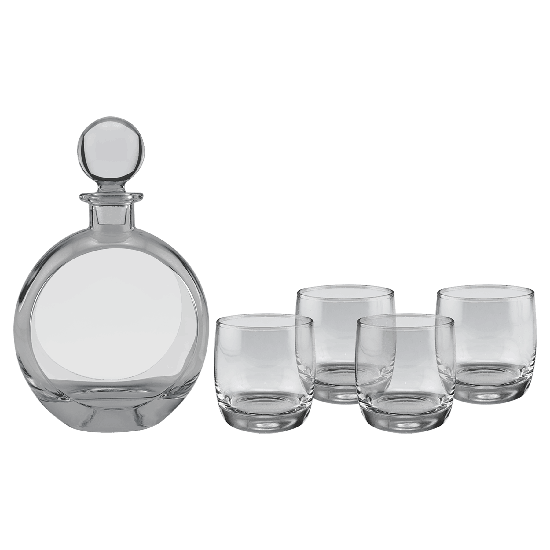 Engraved Polar Camel Flat Round Decanter Set with Four Rocks Glasses