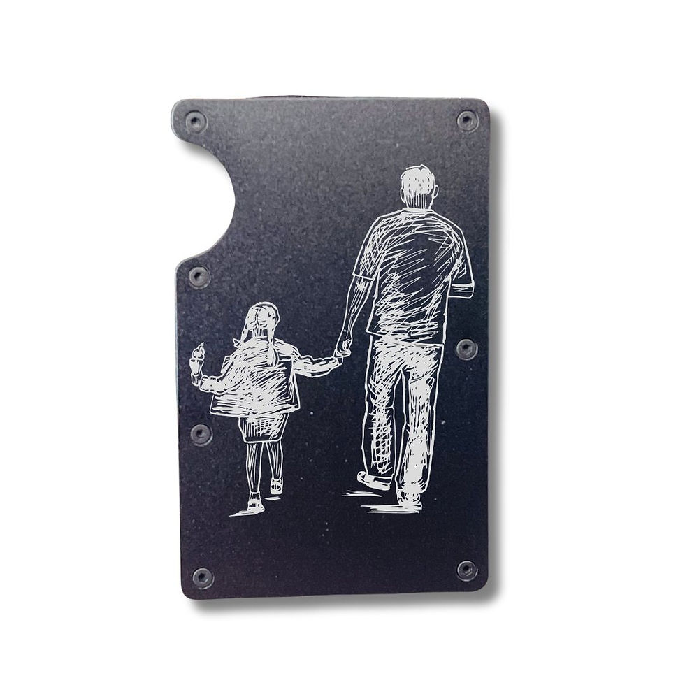 Chica papá tomados de la mano cartera y clip de bloqueo RFID personalizados dibujados a mano