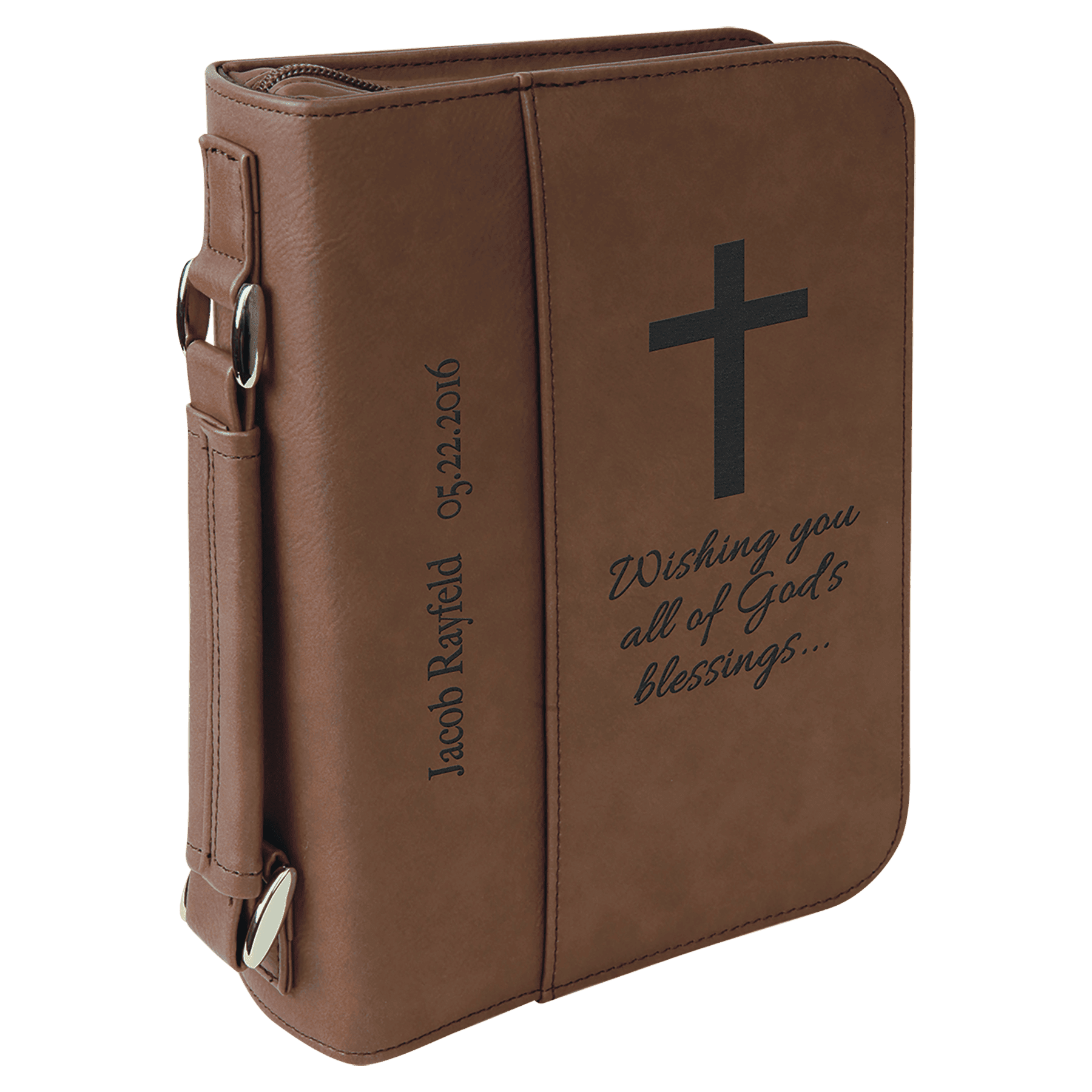 Engraved Leatherette Bible Cover with Handle & Zipper - Dark Brown