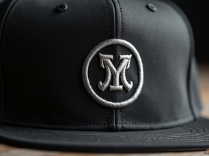     Close-up view of embroidered logo on a flat bill snapback hat | Hobbs Peak Designs