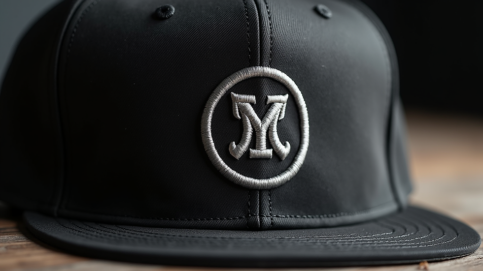 Close-up view of embroidered logo on a flat bill snapback hat