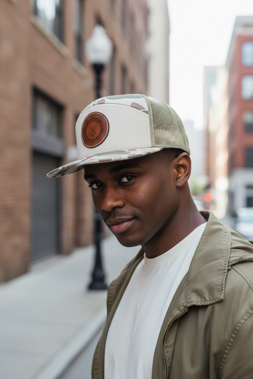 Thumbnail: IBEW Camo Leather Patch Hat – Richardson 112P / 168P Flat Bill Snapback – Union 