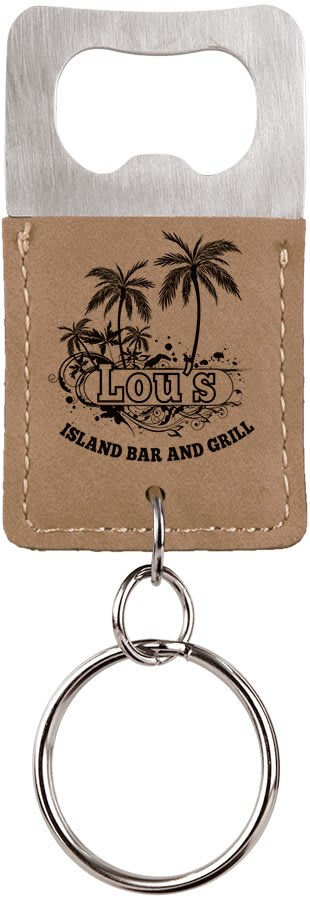 Engraved Leatherette Bottle Opener Keychain - Light Brown