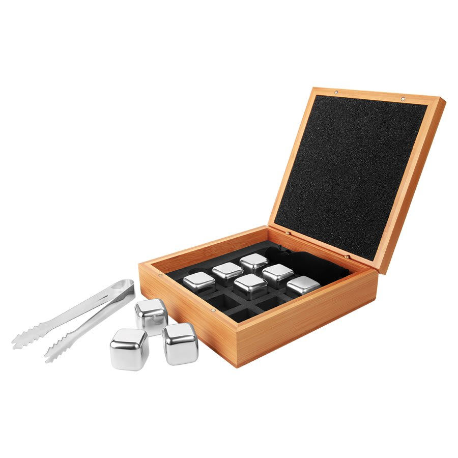 Engraved Stainless Whiskey Stone Set in Bamboo Case