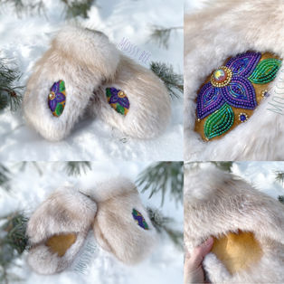 blonde-beaver-fur-mittens-mitts-beaded-smoked-deer-leather-inlay-mossy-bee-saskatchewan-wild-canada-beaded-mitts-headband-fur-mossy-bee-fine-leathercraft-saskatchewan-canada-beaver-fur