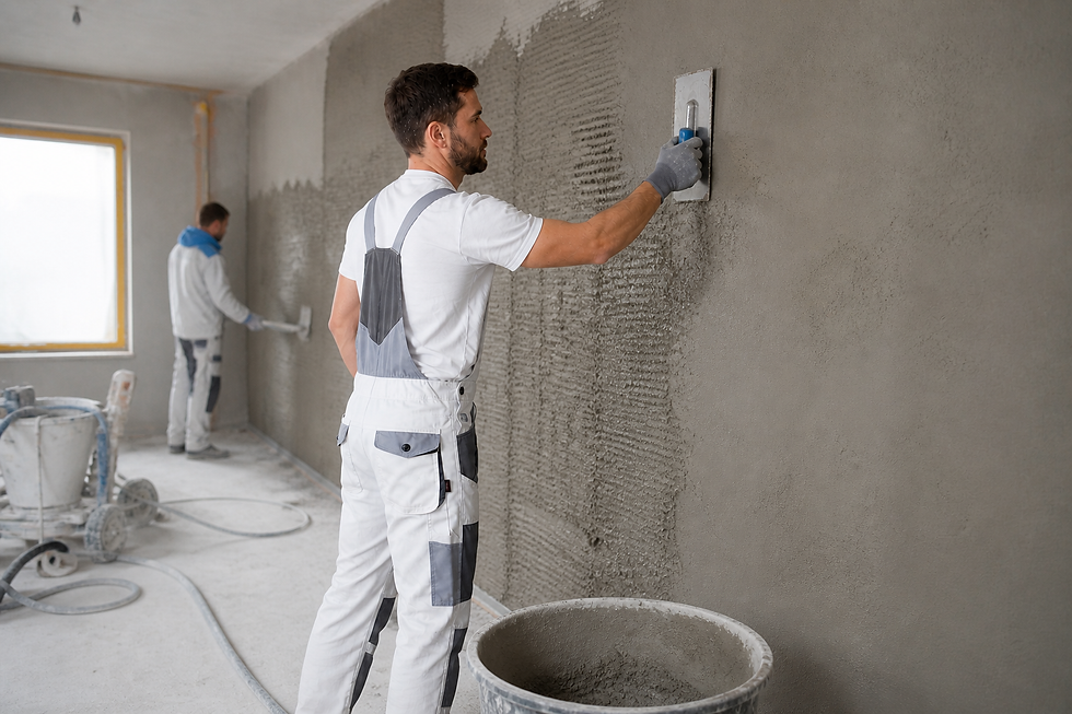 Handwerker beim Innenputz einer Wand