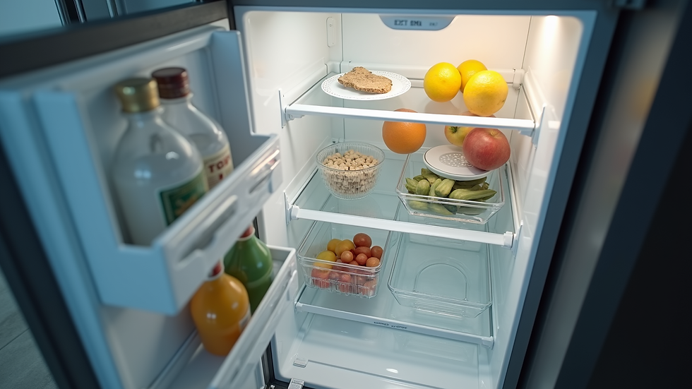 High angle view of a clean and organized GE Monogram refrigerator interior