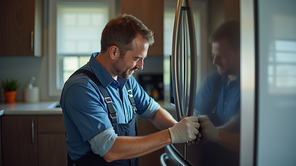 Eye-level view of a technician repairing a GE Monogram refrigerator in a modern kitchen