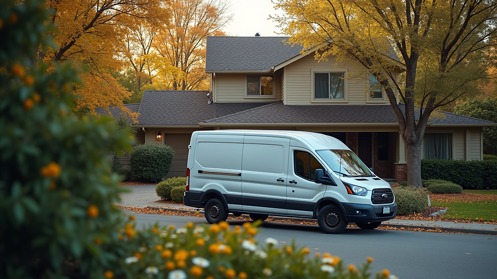 High angle view of a service van parked outside a residential home