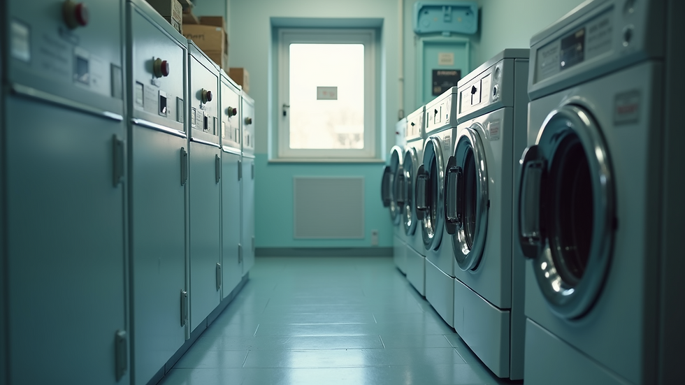 Eye-level view of a washing machine in a laundry room